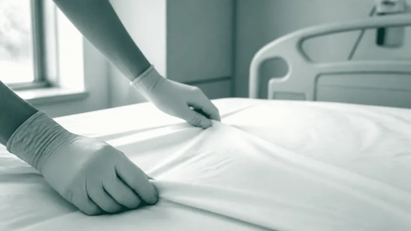 Unas manos con guantes estiran la sábana de una cama de hospital vacía, con luz de ventana