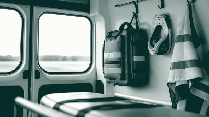 Interior de un vehículo de emergencias con una mochila de material, un casco y un chaleco reflectante colgados