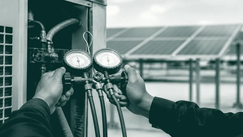 Unas manos sostienen los manómetros de un equipo de climatización, con placas solares al fondo